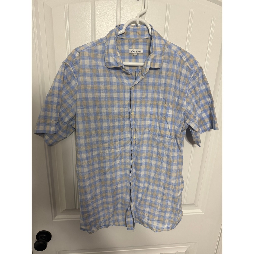 Peter Millar Shirt Mens L Blue Tan Plaid Short Sleeve Button Down Cotton Stretch